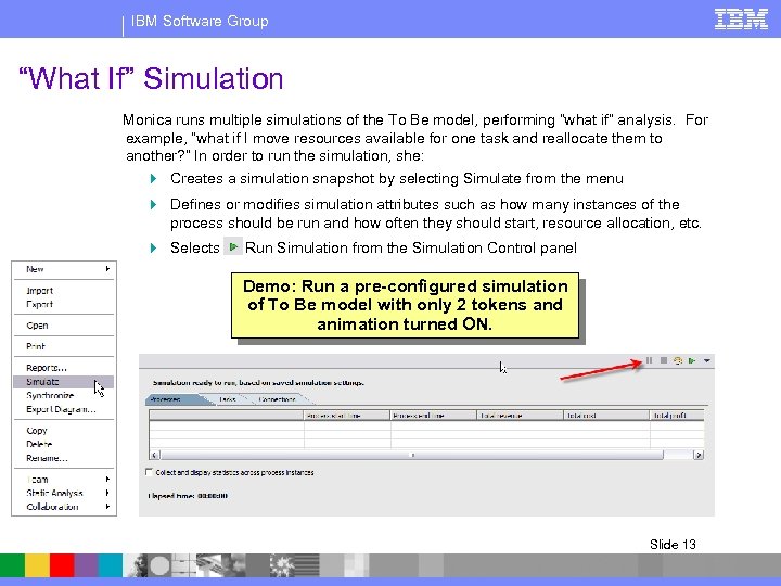IBM Software Group “What If” Simulation Monica runs multiple simulations of the To Be