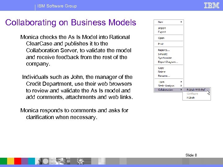 IBM Software Group Collaborating on Business Models Monica checks the As Is Model into