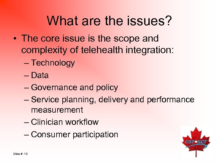 What are the issues? • The core issue is the scope and complexity of