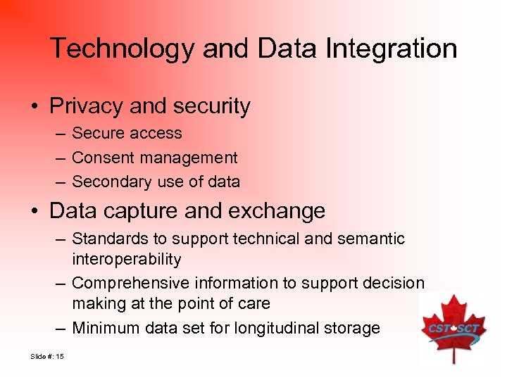 Technology and Data Integration • Privacy and security – Secure access – Consent management