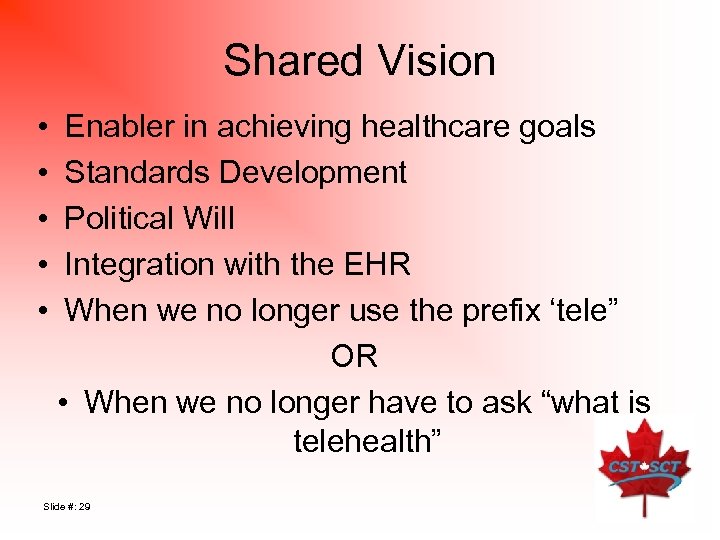 Shared Vision • • • Enabler in achieving healthcare goals Standards Development Political Will