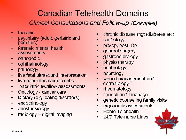 Canadian Telehealth Domains Clinical Consultations and Follow-up (Examples) • • • • thoracic psychiatry