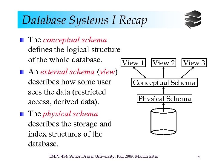 Database Systems I Recap The conceptual schema defines the logical structure of the whole