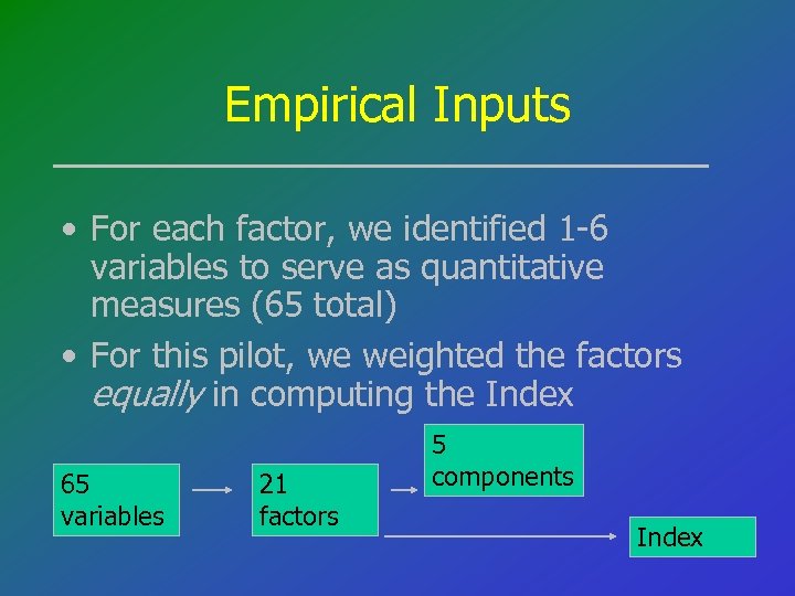 Empirical Inputs • For each factor, we identified 1 -6 variables to serve as