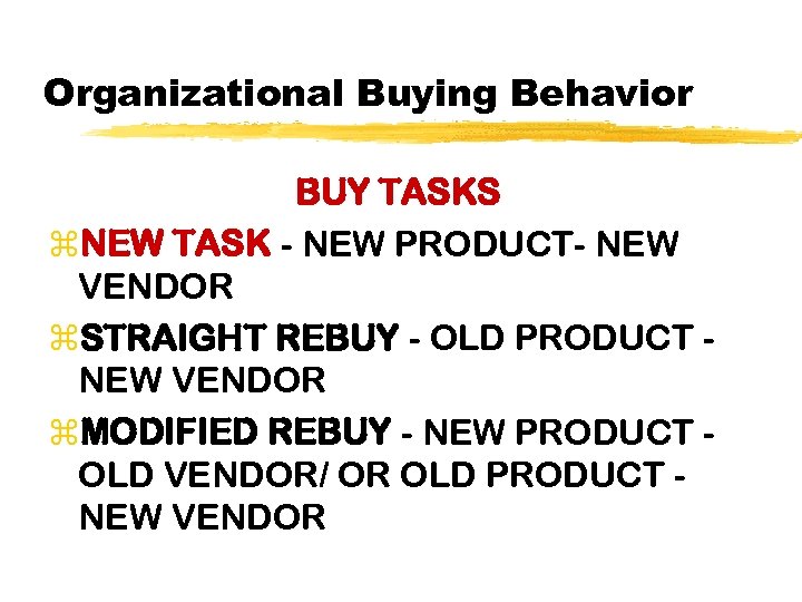 Organizational Buying Behavior BUY TASKS z. NEW TASK - NEW PRODUCT- NEW VENDOR z.