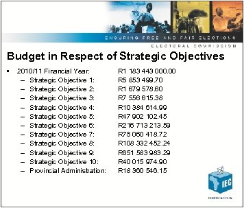 Budget in Respect of Strategic Objectives • 2010/11 Financial Year: – Strategic Objective 1: