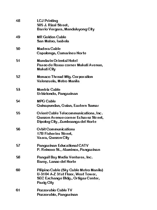 48 LCJ Printing 505 J. Rizal Street, Barrio Vergara, Mandaluyong City 49 MR Golden