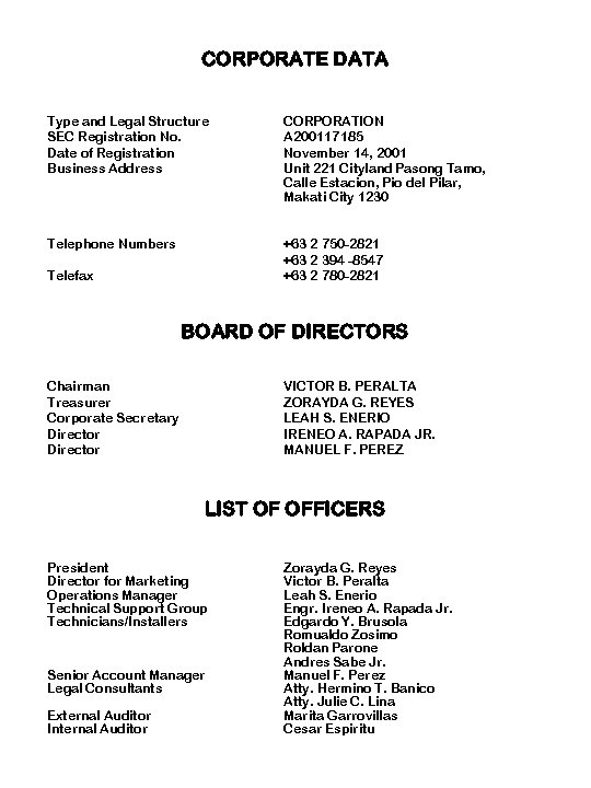 CORPORATE DATA Type and Legal Structure SEC Registration No. Date of Registration Business Address