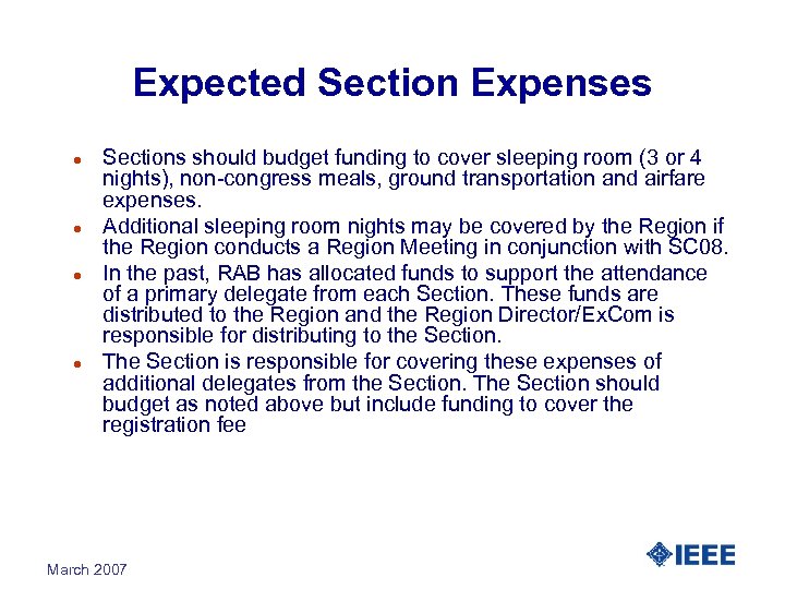 Expected Section Expenses l l Sections should budget funding to cover sleeping room (3