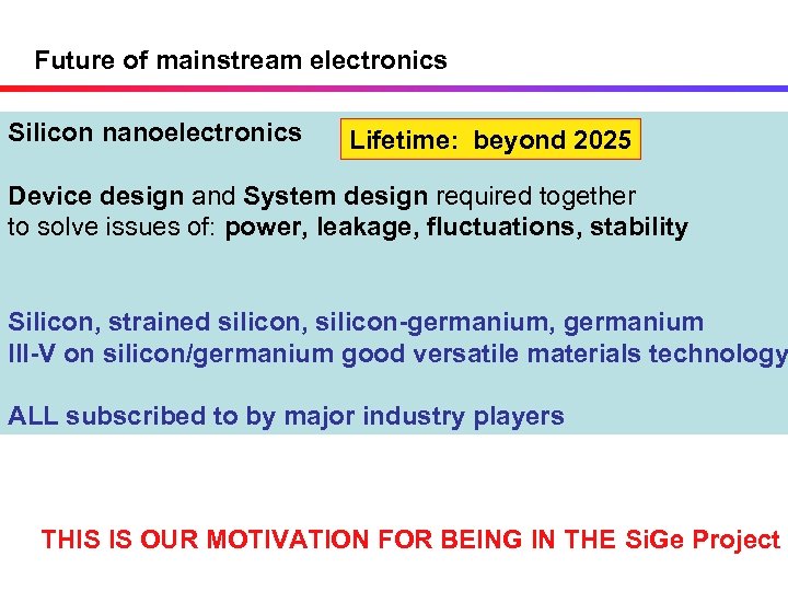 Future of mainstream electronics Silicon nanoelectronics Lifetime: beyond 2025 Device design and System design