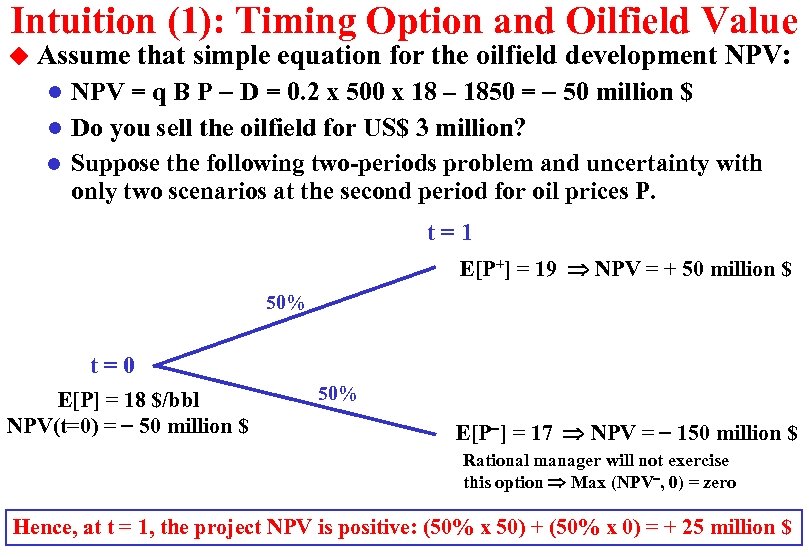 Intuition (1): Timing Option and Oilfield Value u Assume that simple equation for the