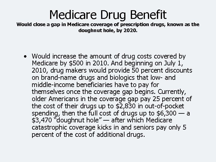 Medicare Drug Benefit Would close a gap in Medicare coverage of prescription drugs, known