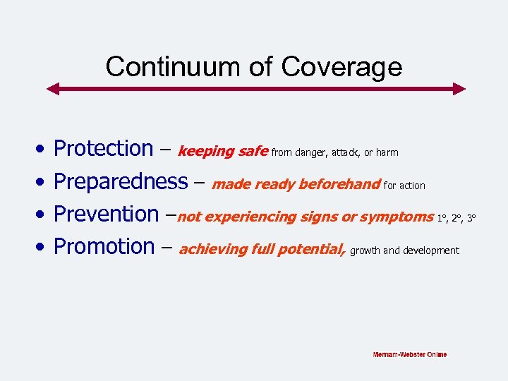 Continuum of Coverage • • Protection – keeping safe from danger, attack, or harm