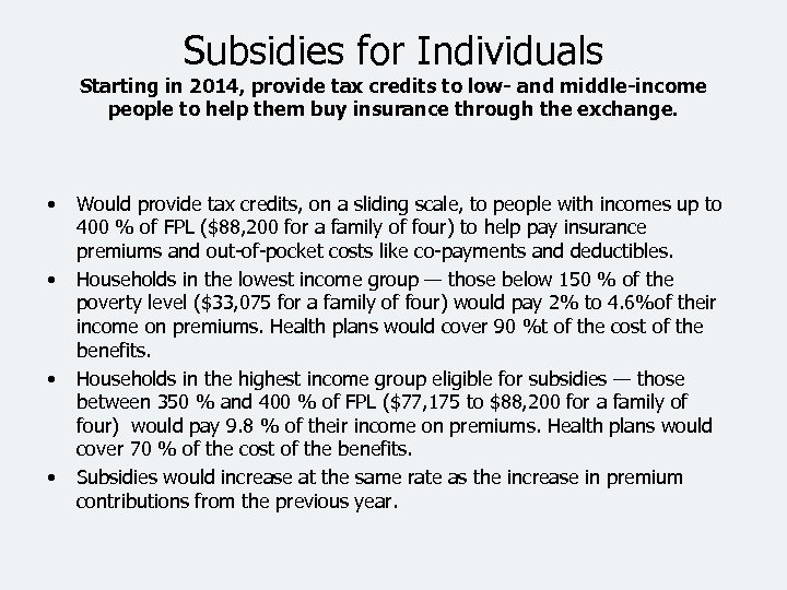 Subsidies for Individuals Starting in 2014, provide tax credits to low- and middle-income people