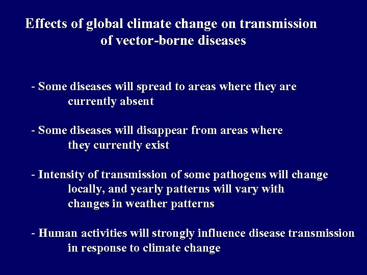 Effects of global climate change on transmission of vector-borne diseases - Some diseases will