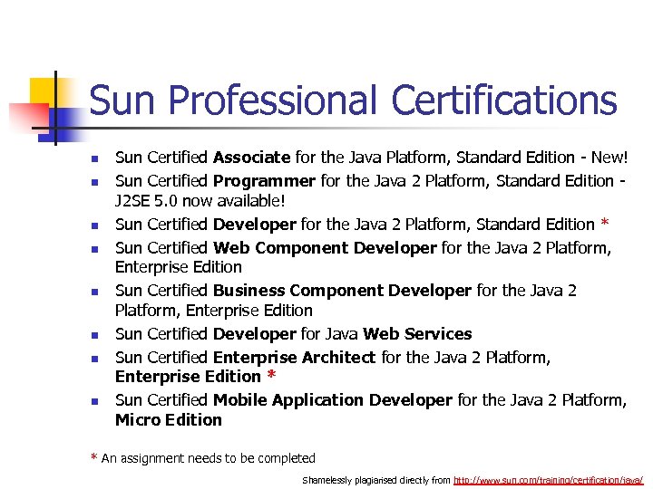 Sun Professional Certifications n n n n Sun Certified Associate for the Java Platform,