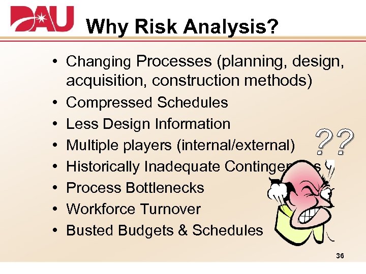 Why Risk Analysis? • Changing Processes (planning, design, acquisition, construction methods) • Compressed Schedules