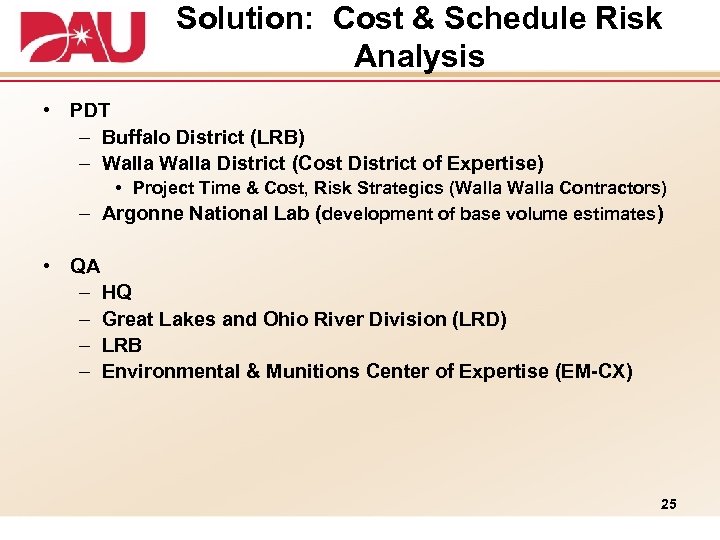 Solution: Cost & Schedule Risk Analysis • PDT – Buffalo District (LRB) – Walla