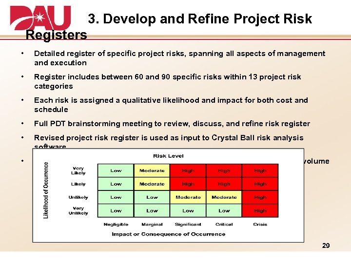 3. Develop and Refine Project Risk Registers • Detailed register of specific project risks,