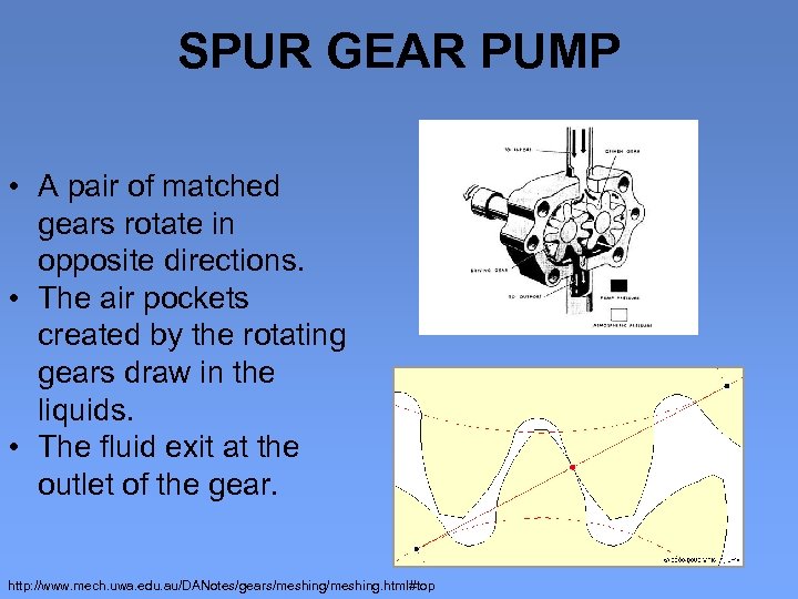 SPUR GEAR PUMP • A pair of matched gears rotate in opposite directions. •