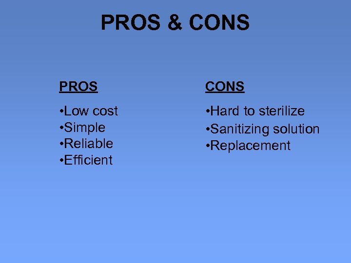 PROS & CONS PROS CONS • Low cost • Simple • Reliable • Efficient