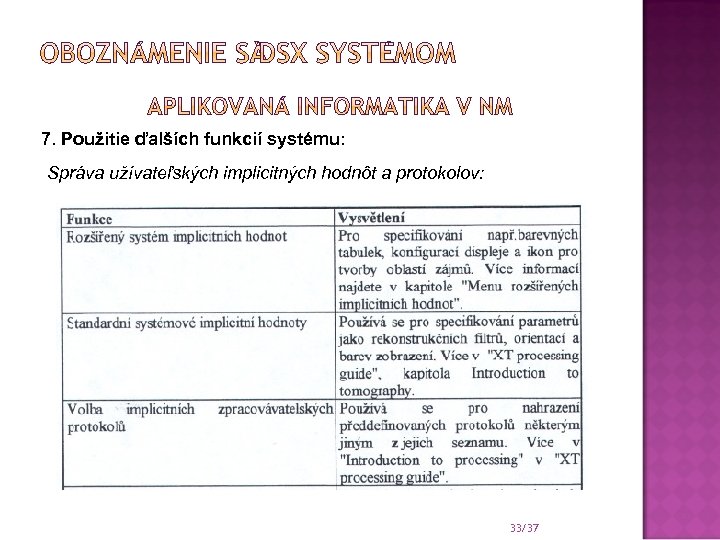7. Použitie ďalších funkcií systému: Správa užívateľských implicitných hodnôt a protokolov: 33/37 