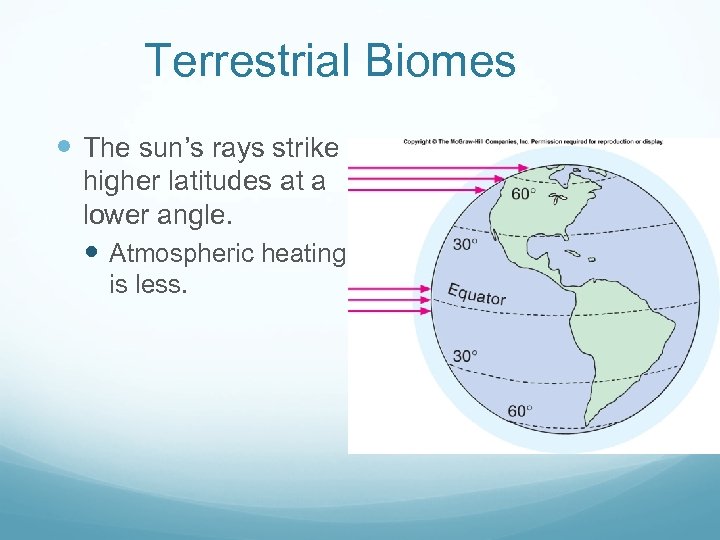 Terrestrial Biomes The sun’s rays strike higher latitudes at a lower angle. Atmospheric heating