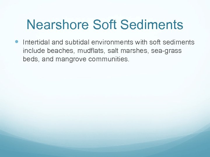 Nearshore Soft Sediments Intertidal and subtidal environments with soft sediments include beaches, mudflats, salt