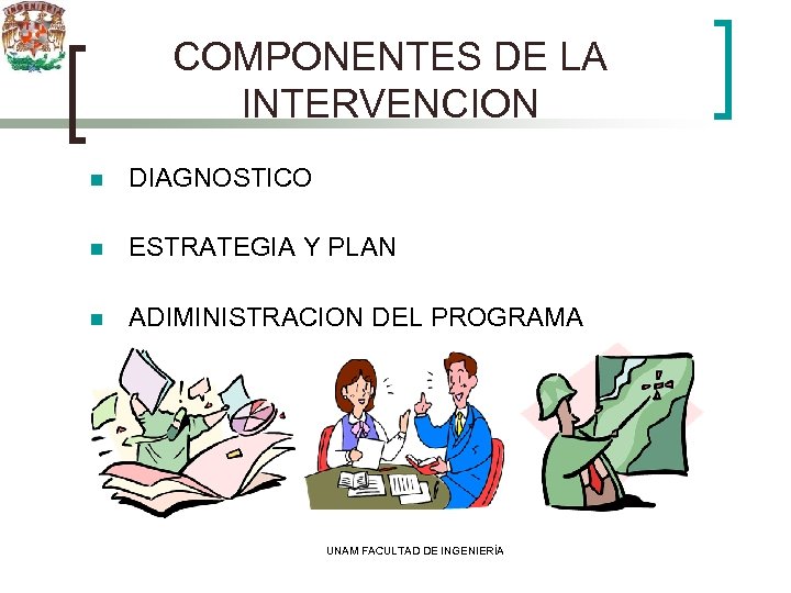 COMPONENTES DE LA INTERVENCION n DIAGNOSTICO n ESTRATEGIA Y PLAN n ADIMINISTRACION DEL PROGRAMA