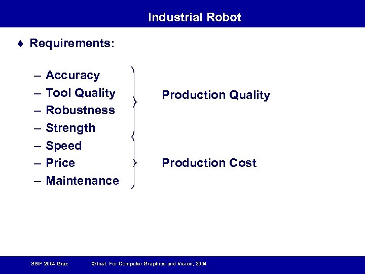 Industrial Robot ¨ Requirements: – – – – Accuracy Tool Quality Robustness Strength Speed