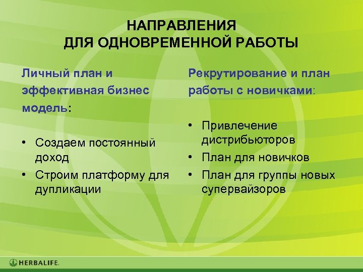 НАПРАВЛЕНИЯ ДЛЯ ОДНОВРЕМЕННОЙ РАБОТЫ Личный план и эффективная бизнес модель: • Создаем постоянный доход