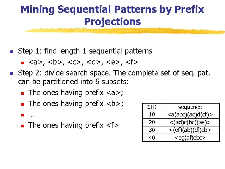 Mining Sequential Patterns by Prefix Projections n n Step 1: find length-1 sequential patterns