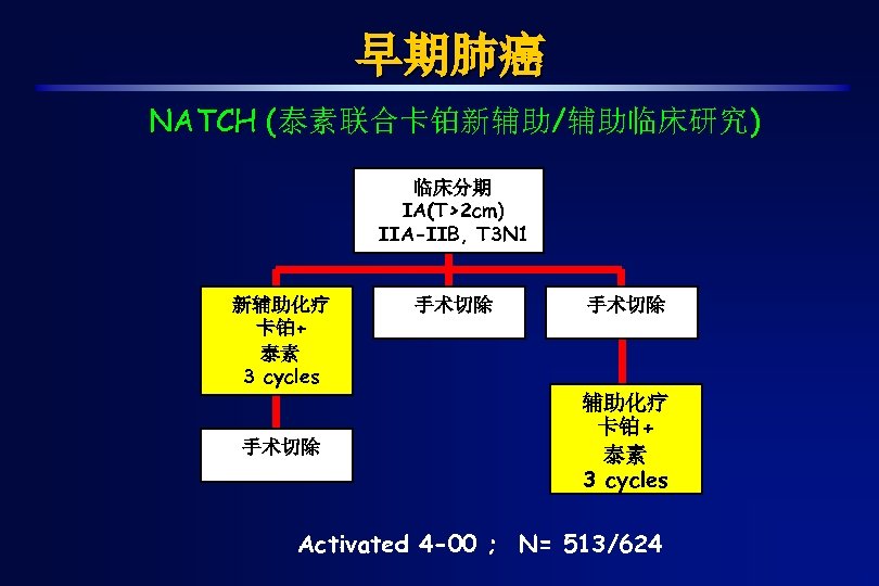早期肺癌 NATCH (泰素联合卡铂新辅助/辅助临床研究) 临床分期 IA(T>2 cm) IIA-IIB, T 3 N 1 新辅助化疗 卡铂+ 泰素