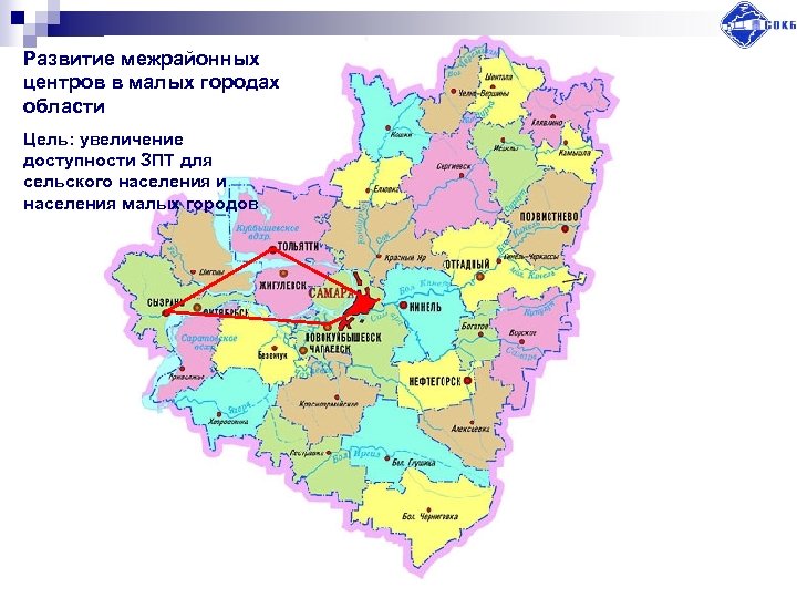 Развитие межрайонных центров в малых городах области Цель: увеличение доступности ЗПТ для сельского населения