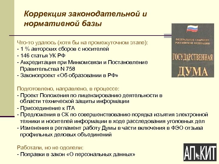 Коррекция законодательной и нормативной базы Что-то удалось (хотя бы на промежуточном этапе): - 1