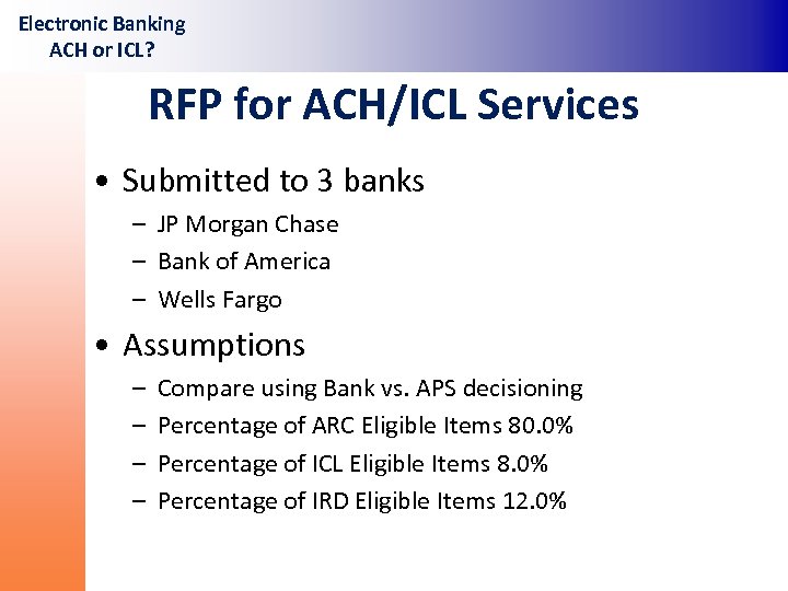Electronic Banking ACH or ICL? RFP for ACH/ICL Services • Submitted to 3 banks