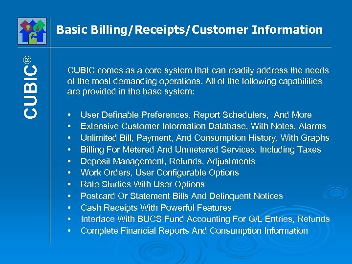 CUBIC® Basic Billing/Receipts/Customer Information CUBIC comes as a core system that can readily address