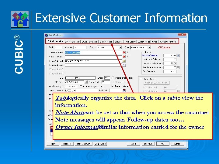CUBIC® Extensive Customer Information Tabslogically organize the data. Click on a tabto view the