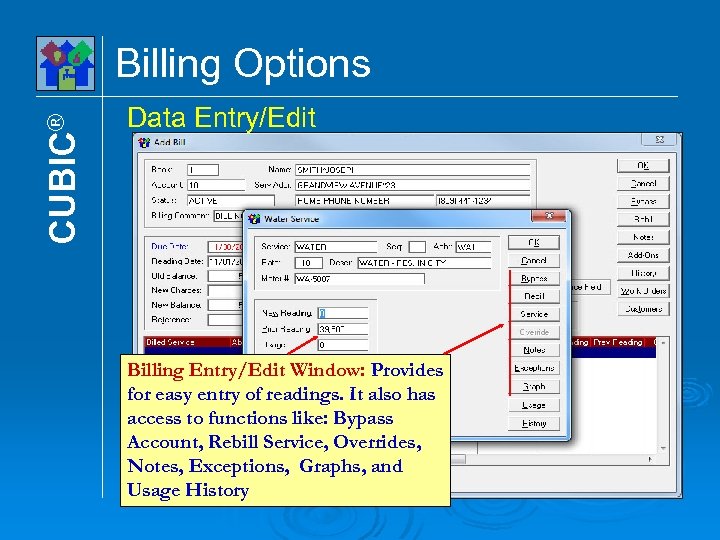 CUBIC® Billing Options Data Entry/Edit Billing Entry/Edit Window: Provides for easy entry of readings.