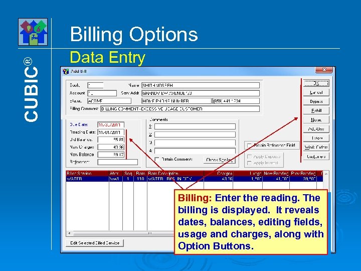 CUBIC® Billing Options Data Entry Billing: Enter the reading. The billing is displayed. It