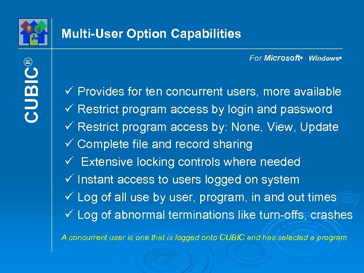 CUBIC® Multi-User Option Capabilities For Microsoft® Windows® Provides for ten concurrent users, more available