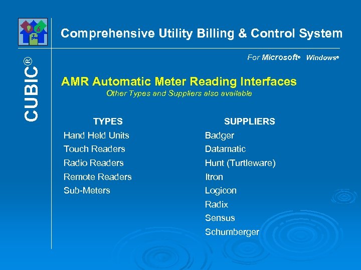 CUBIC® Comprehensive Utility Billing & Control System For Microsoft® Windows® AMR Automatic Meter Reading