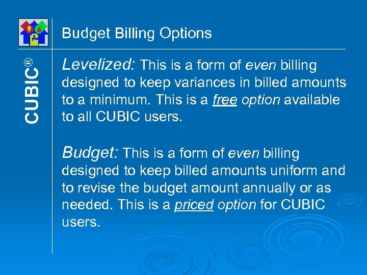 CUBIC® Budget Billing Options Levelized: This is a form of even billing designed to