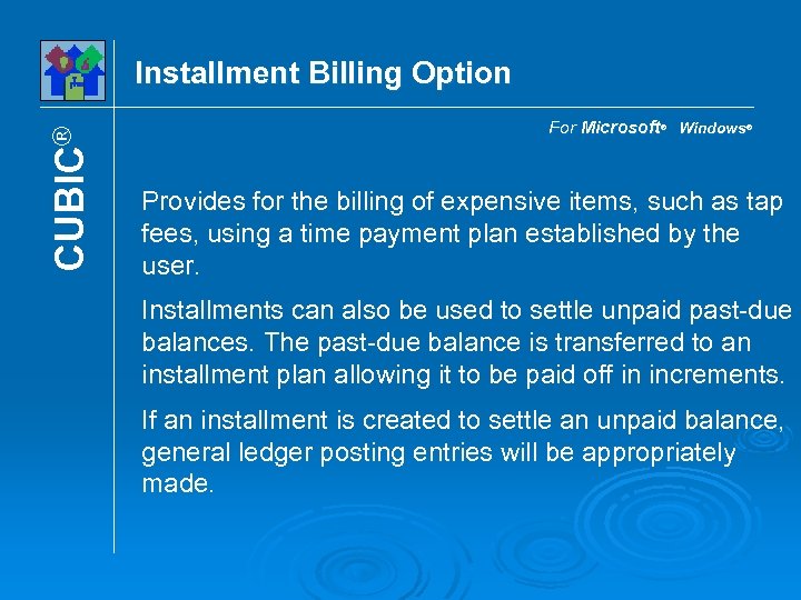 CUBIC® Installment Billing Option For Microsoft® Windows® Provides for the billing of expensive items,