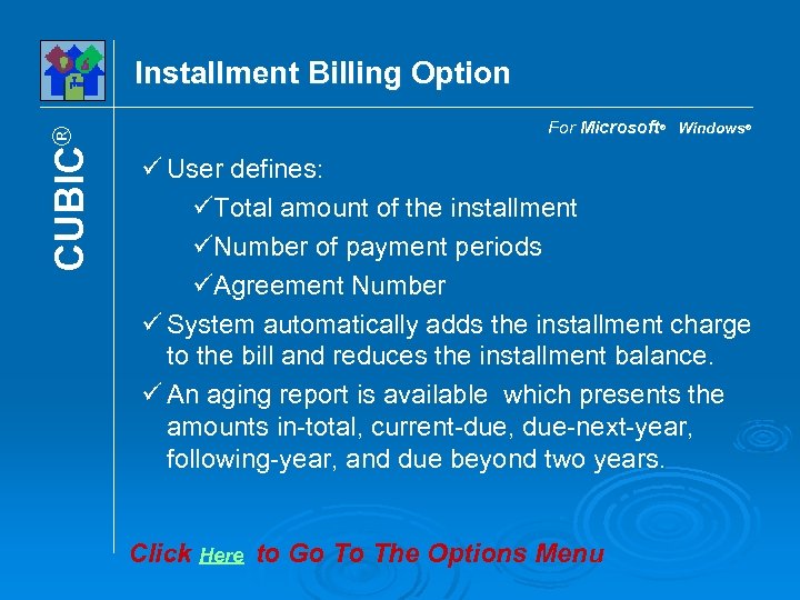 CUBIC® Installment Billing Option For Microsoft® Windows® User defines: Total amount of the installment