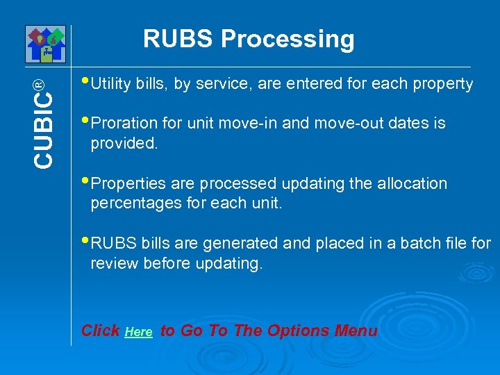 CUBIC® RUBS Processing • Utility bills, by service, are entered for each property •