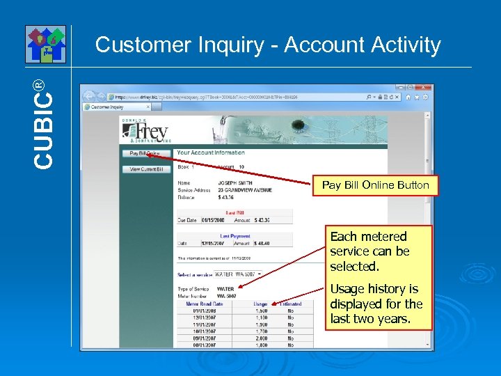 CUBIC® Customer Inquiry - Account Activity Pay Bill Online Button Each metered service can