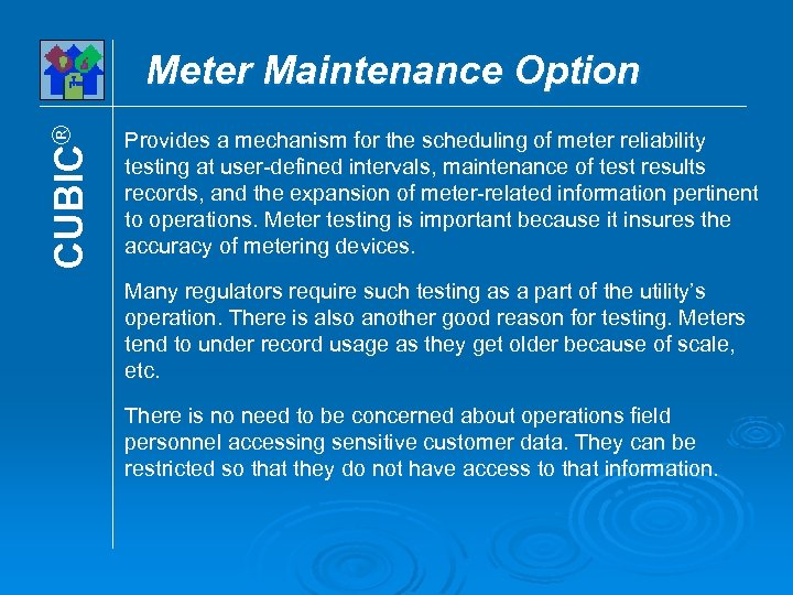 CUBIC® Meter Maintenance Option Provides a mechanism for the scheduling of meter reliability testing