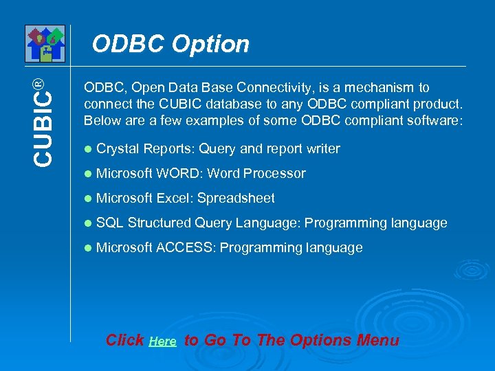 CUBIC® ODBC Option ODBC, Open Data Base Connectivity, is a mechanism to connect the