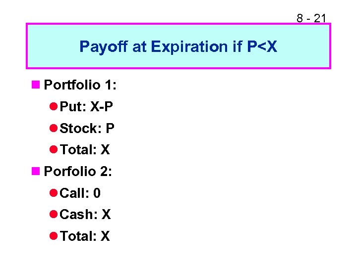 8 - 21 Payoff at Expiration if P<X n Portfolio 1: l Put: X-P